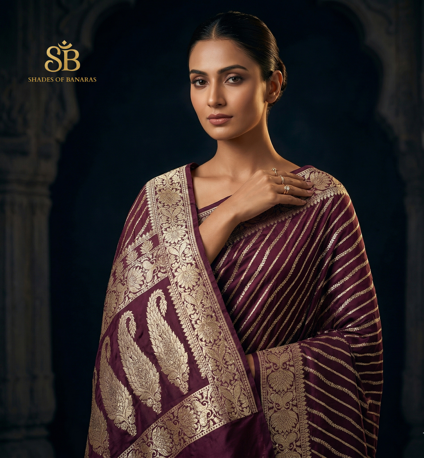 Vintage Wine Silk Stripes: The Luxe Summer Couture Sari by Shades Of Banaras - banarasi - banarasi saree shop - banarasi saree manufacturers - banarasi saree wholesale - banaraasi sarees - banarasi sari - banarasi saris - silk saree - silk sari - wedding saree - wedding sari - designer sari - wedding collection - gifting