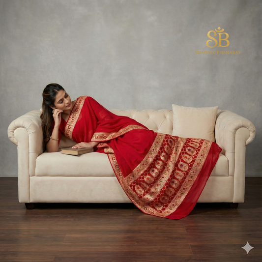 Red Pure Khaddi Georgette Banarasi Saree with Kadhua Minakari Border & Designer Blouse