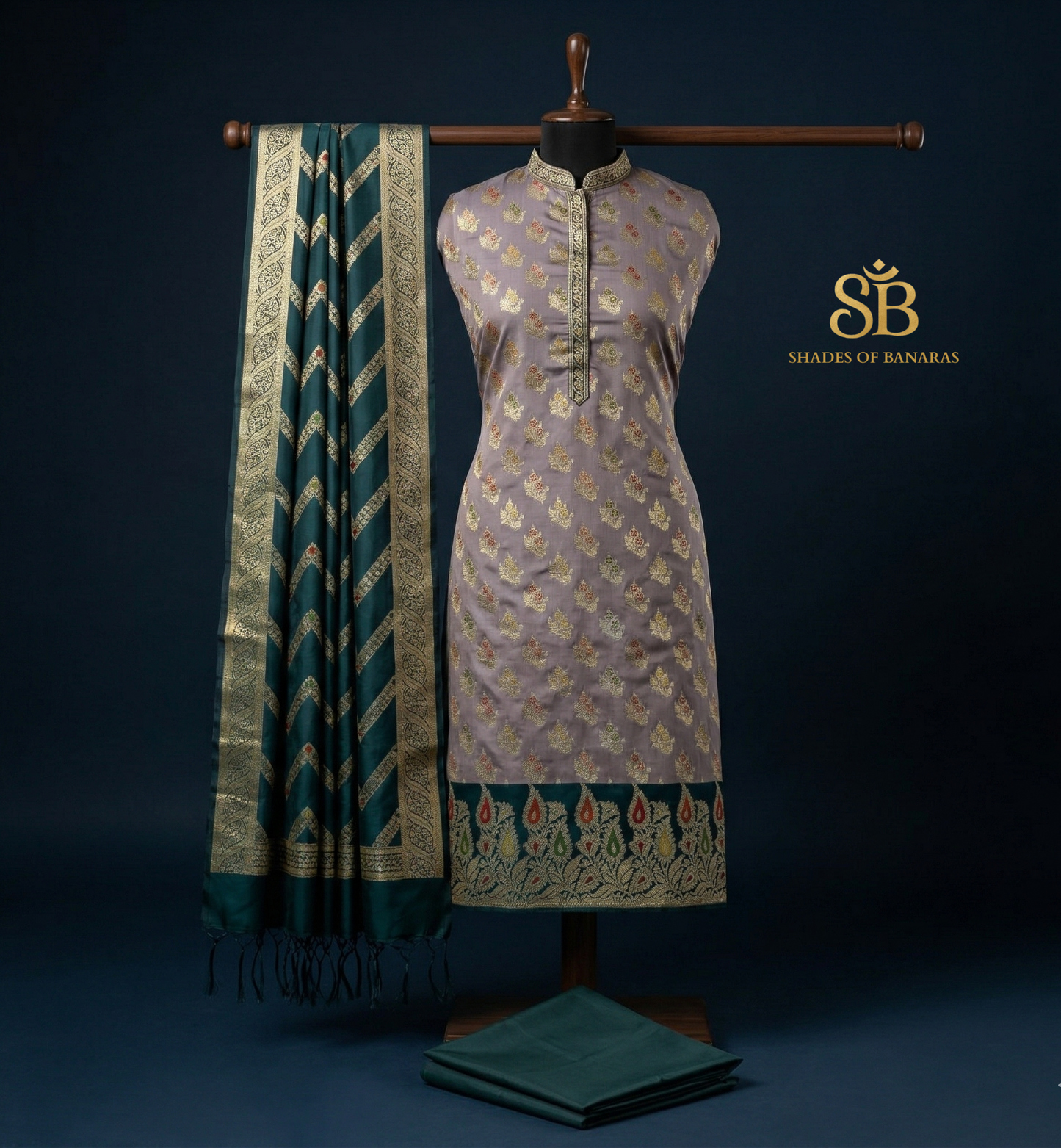 The Ethereal Ash & Emerald: Majestic Grey and Green Banarasi Katan Soft Silk Suit Set by Shades Of Banaras - banarasi - banarasi saree shop - banarasi saree manufacturers - banarasi saree wholesale - banaraasi sarees - banarasi sari - banarasi saris - silk saree - silk sari - wedding saree - wedding sari - designer sari - wedding collection - gifting