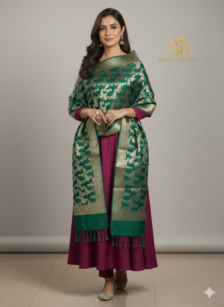 Shades of Banaras: Bottle Green Banarasi Dupatta by Shades Of Banaras - banarasi - banarasi saree shop - banarasi saree manufacturers - banarasi saree wholesale - banaraasi sarees