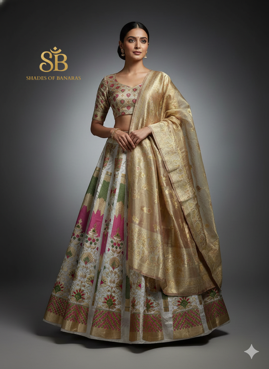 Pearl Patola Luxe Couture — Off-White Banarasi Silk Lehenga by Shades Of Banaras - banarasi - banarasi saree shop - banarasi saree manufacturers - banarasi saree wholesale - banaraasi sarees