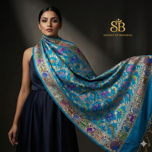 Royal Shikargaah Azure – Pure Silk Banarasi Luxury Scarf (All-over Kadhwa Weave)