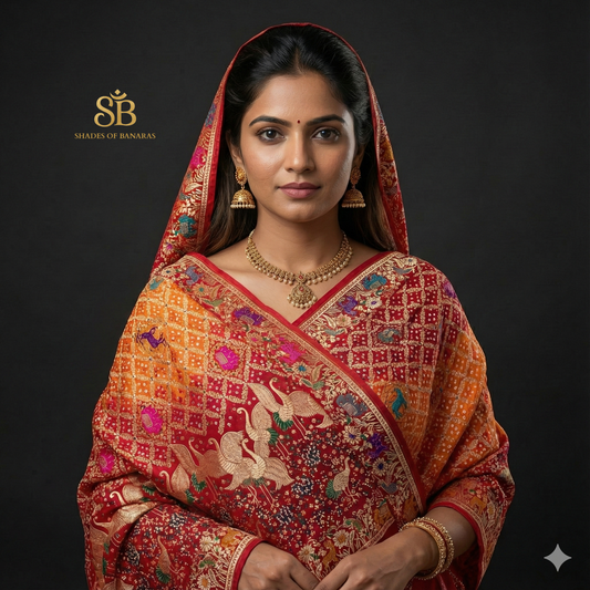 The Saffron Radiance: Orange Khaddi Georgette Bandhani Banarasi Dupatta by Shades Of Banaras - banarasi - banarasi saree shop - banarasi saree manufacturers - banarasi saree wholesale - banaraasi sarees
