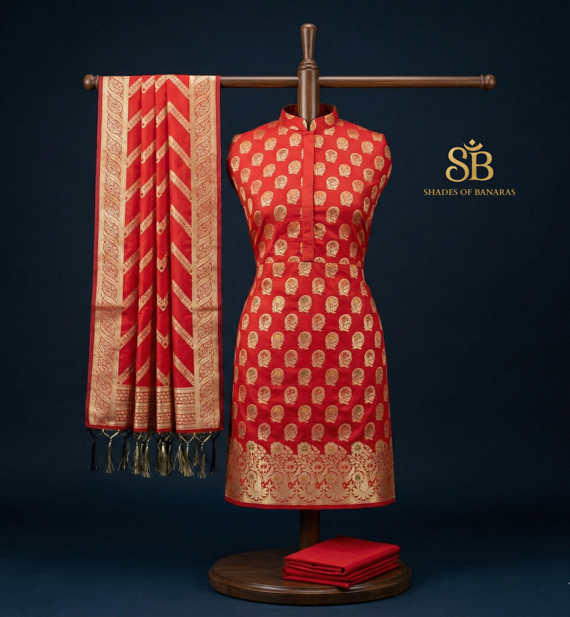 The Imperial Vermillion: Grand Red Banarasi Katan Soft Silk Suit Set by Shades Of Banaras - banarasi - banarasi saree shop - banarasi saree manufacturers - banarasi saree wholesale - banaraasi sarees - banarasi sari - banarasi saris - silk saree - silk sari - wedding saree - wedding sari - designer sari - wedding collection - gifting