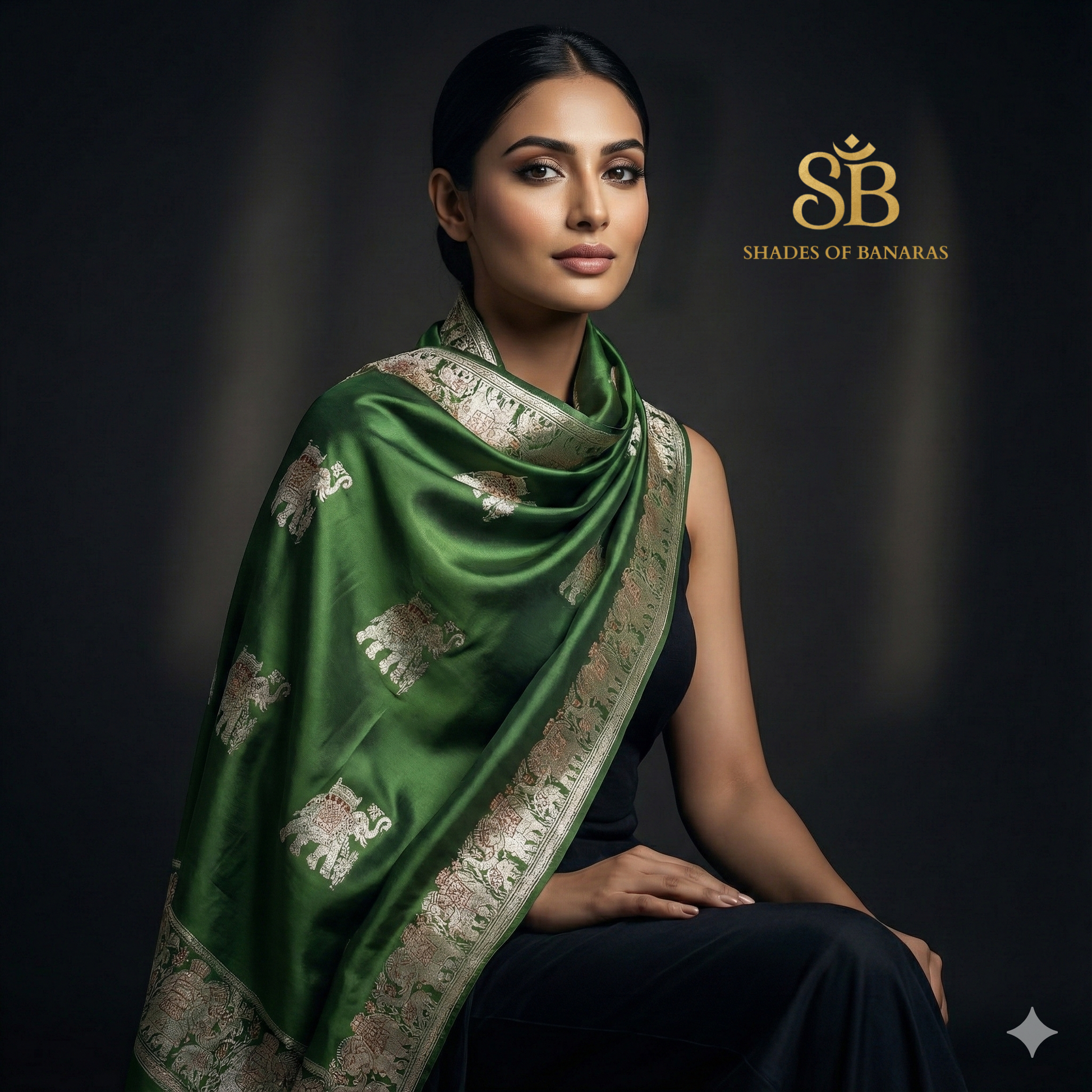 Emerald Majesty – Pure Silk Banarasi Luxury Scarf (Kadhwa Elephant Motif) by Shades Of Banaras - banarasi - banarasi saree shop - banarasi saree manufacturers - banarasi saree wholesale - banaraasi sarees
