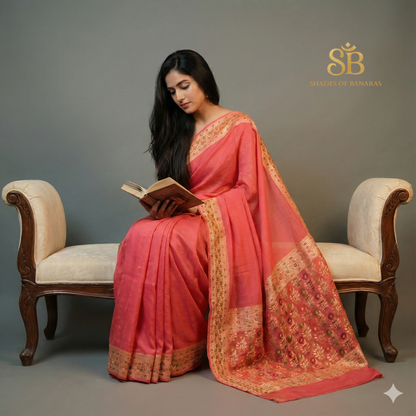 Peach Pure Khaddi Georgette Banarasi Saree with Kadhua Minakari Border & Designer Blouse