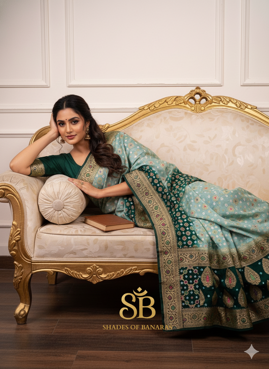 Emerald Glow – Green Pure Chiffon Handloom Bandhani Saree by Shades Of Banaras - banarasi - banarasi saree shop - banarasi saree manufacturers - banarasi saree wholesale - banaraasi sarees