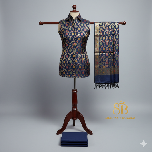 Midnight Minakari Banarasi Katan Soft Silk 3 Piece Handloom Suit Set by Shades Of Banaras - banarasi - banarasi saree shop - banarasi saree manufacturers - banarasi saree wholesale - banaraasi sarees