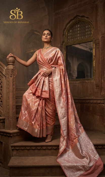 Peach Luxe Pure Mango Silk Rangkaat Striped Saree with Bandhej