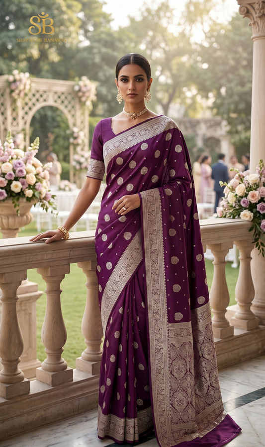 Magenta Luxe Silk Banarasi Saree – Royal Matt Gold Buti Handloom Drape