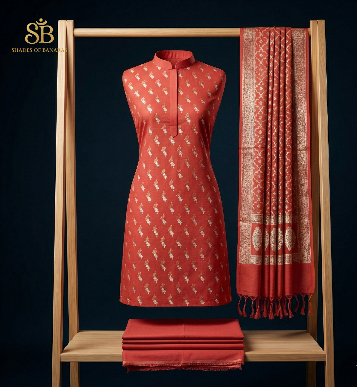 Ethereal Aura: Handloomed Orange-Peach Banarasi Cotton Suit by Shades Of Banaras - banarasi - banarasi saree shop - banarasi saree manufacturers - banarasi saree wholesale - banaraasi sarees - banarasi sari - banarasi saris - silk saree - silk sari - wedding saree - wedding sari - designer sari - wedding collection - gifting