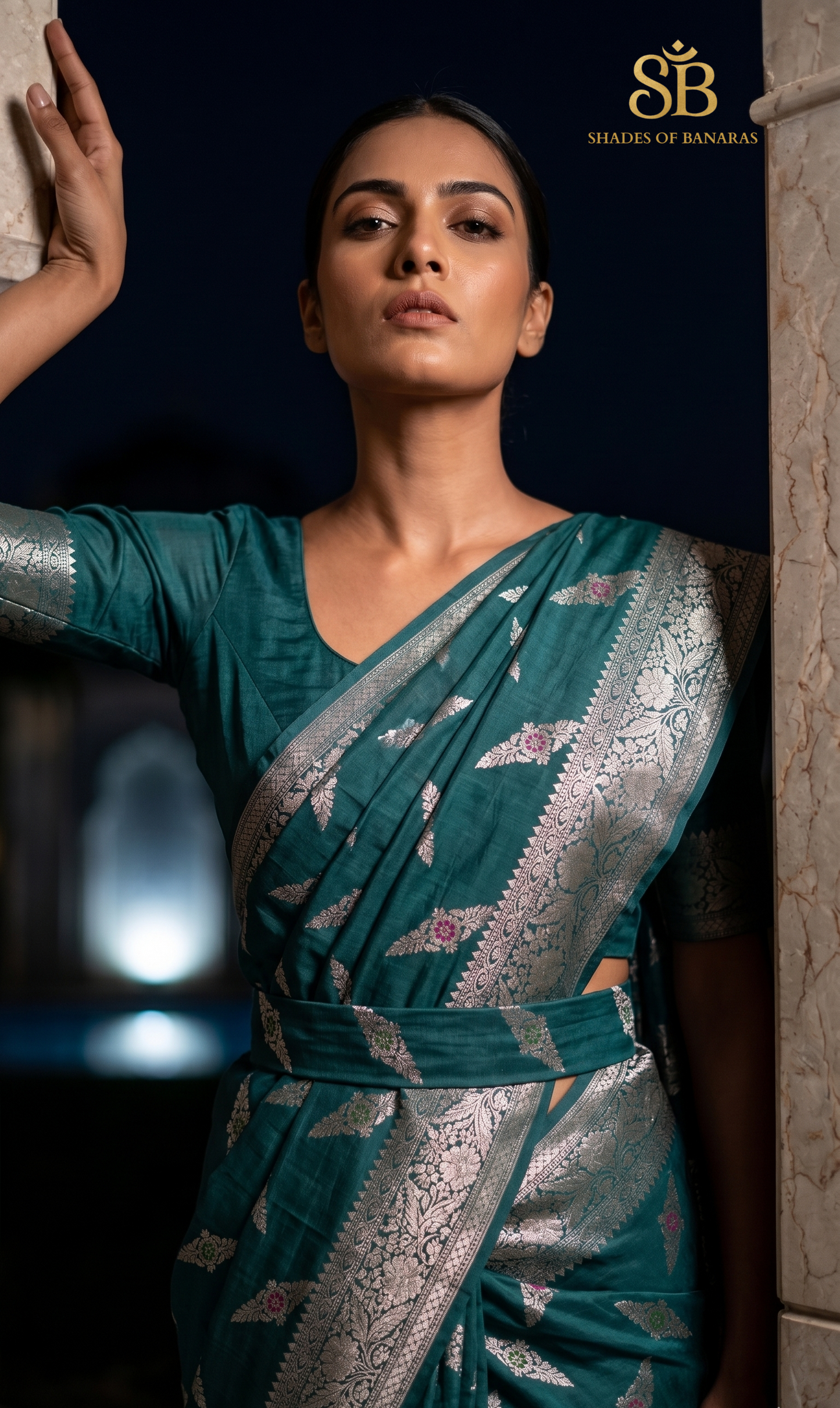 Bottle Green Handwoven Minakari Pure Cotton Silk Banarasi Saree – Luxe Matt Silver Zari Edition