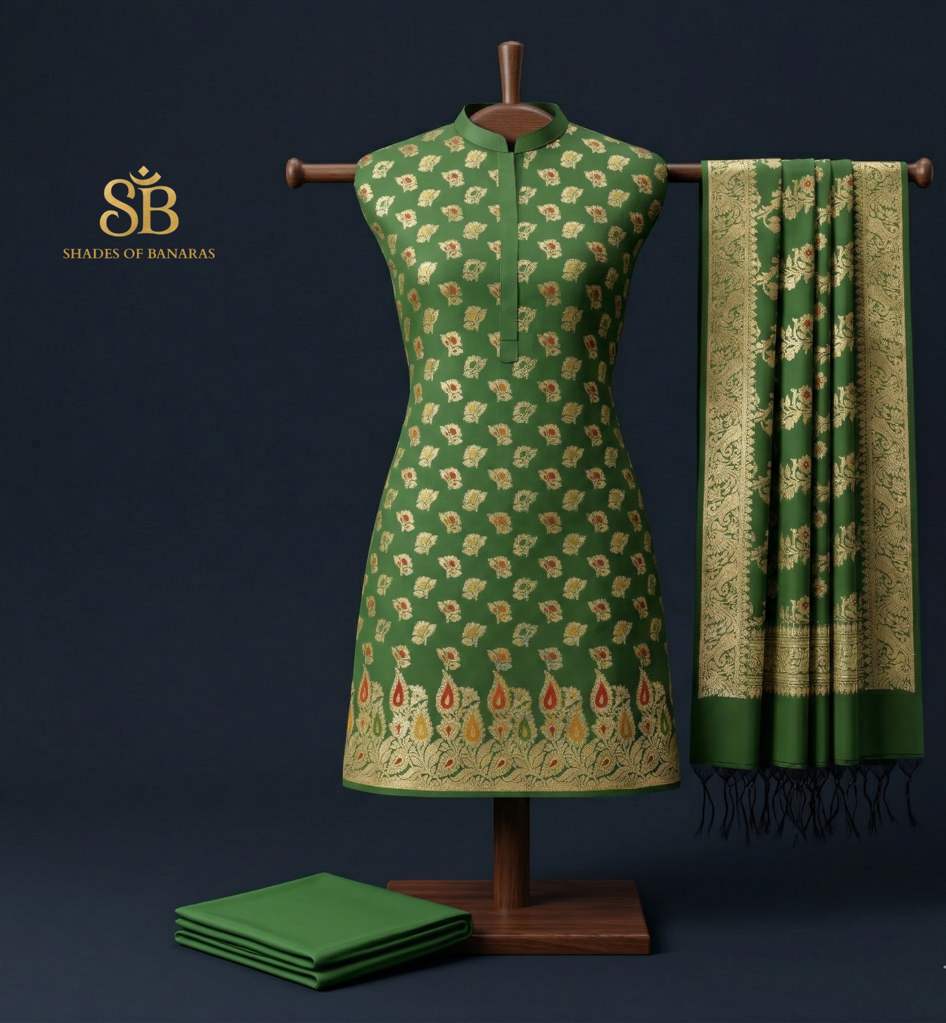 The Verdant Muse: Sovereign Green Banarasi Katan Soft Silk Suit Set by Shades Of Banaras - banarasi - banarasi saree shop - banarasi saree manufacturers - banarasi saree wholesale - banaraasi sarees - banarasi sari - banarasi saris - silk saree - silk sari - wedding saree - wedding sari - designer sari - wedding collection - gifting