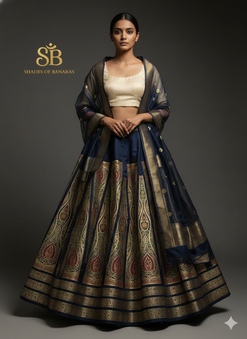 Azure Heirloom Luxe Couture — Blue Banarasi Silk Lehenga by Shades Of Banaras - banarasi - banarasi saree shop - banarasi saree manufacturers - banarasi saree wholesale - banaraasi sarees