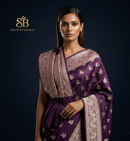 The Vintage Wine Luxe: Bird Motif Pure Satin Silk Banarasi Saree by Shades Of Banaras - banarasi - banarasi saree shop - banarasi saree manufacturers - banarasi saree wholesale - banaraasi sarees - banarasi sari - banarasi saris - silk saree - silk sari - wedding saree - wedding sari - designer sari - wedding collection - gifting