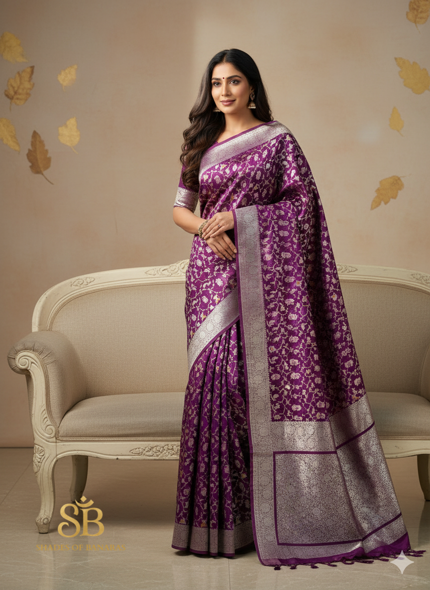 Regal Purple Pure Satin Silk Saree with Shikargah Jaal by Shades Of Banaras - banarasi - banarasi saree shop - banarasi saree manufacturers - banarasi saree wholesale - banaraasi sarees