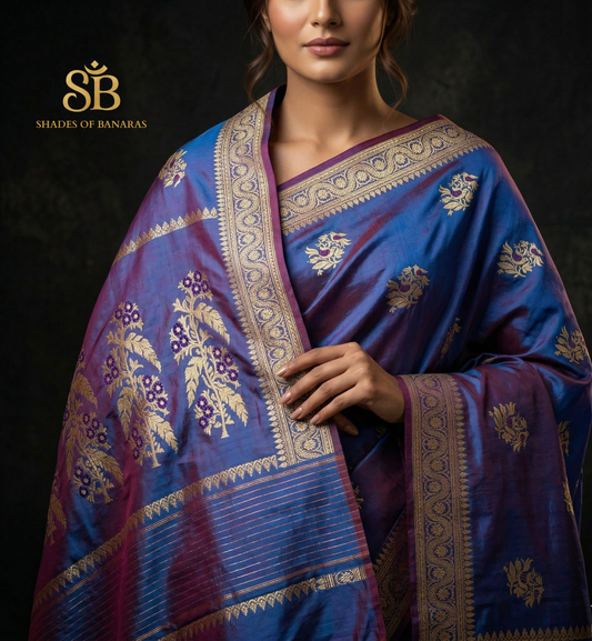 Luxe Midnight Iridescence: Handwoven Pure Silk Shikaargaah Banarasi Saree by Shades Of Banaras - banarasi - banarasi saree shop - banarasi saree manufacturers - banarasi saree wholesale - banaraasi sarees - banarasi sari - banarasi saris - silk saree - silk sari - wedding saree - wedding sari - designer sari - wedding collection - gifting