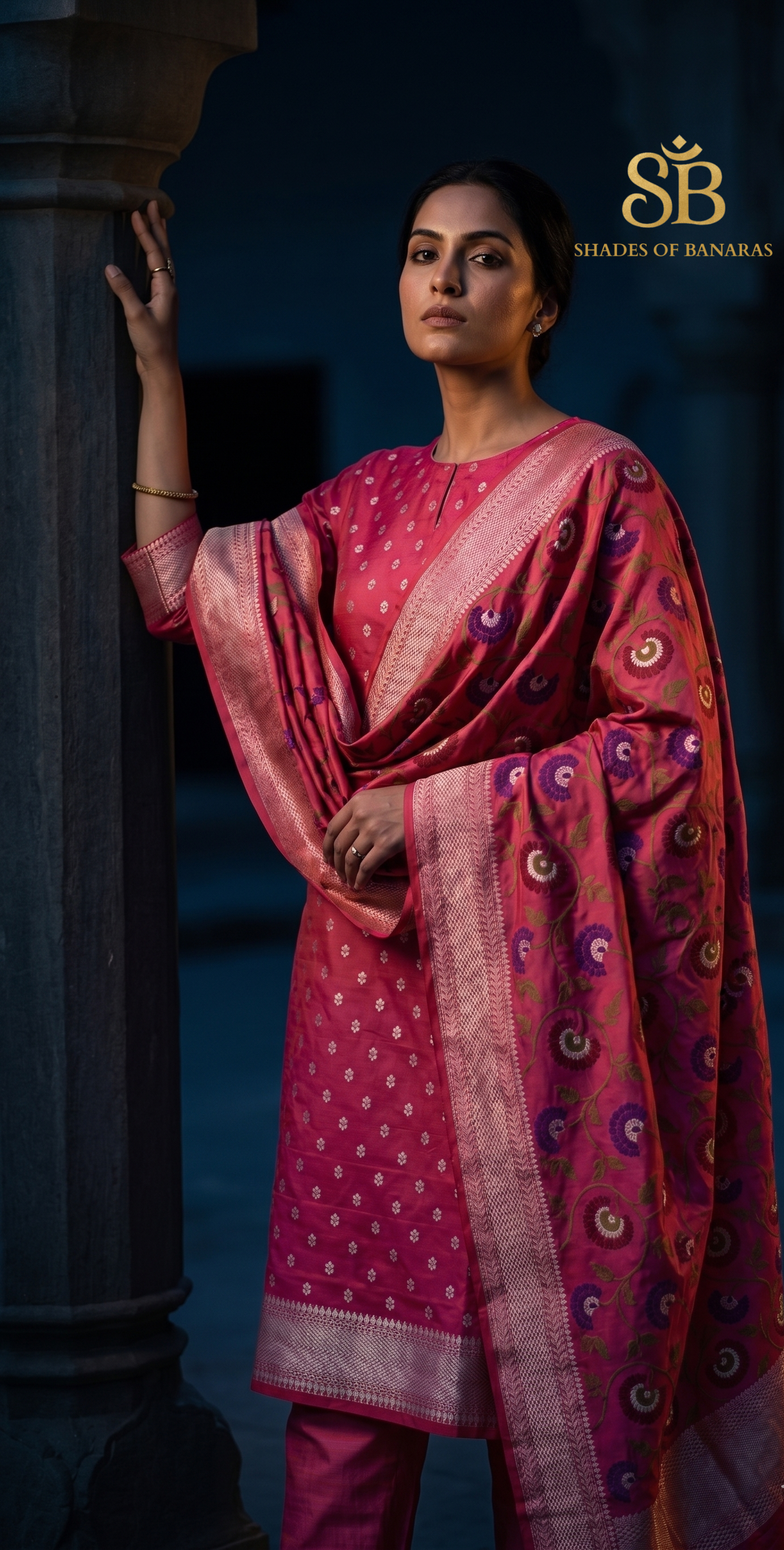 The Coral Sunset: Luxe Pure Banarasi Silk Kadhua Suit with Meenakari Artistry