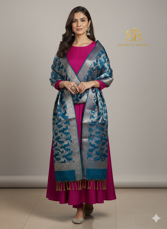 A Dream in Blue: Banarasi Cotton Silk Dupatta by Shades Of Banaras - banarasi - banarasi saree shop - banarasi saree manufacturers - banarasi saree wholesale - banaraasi sarees