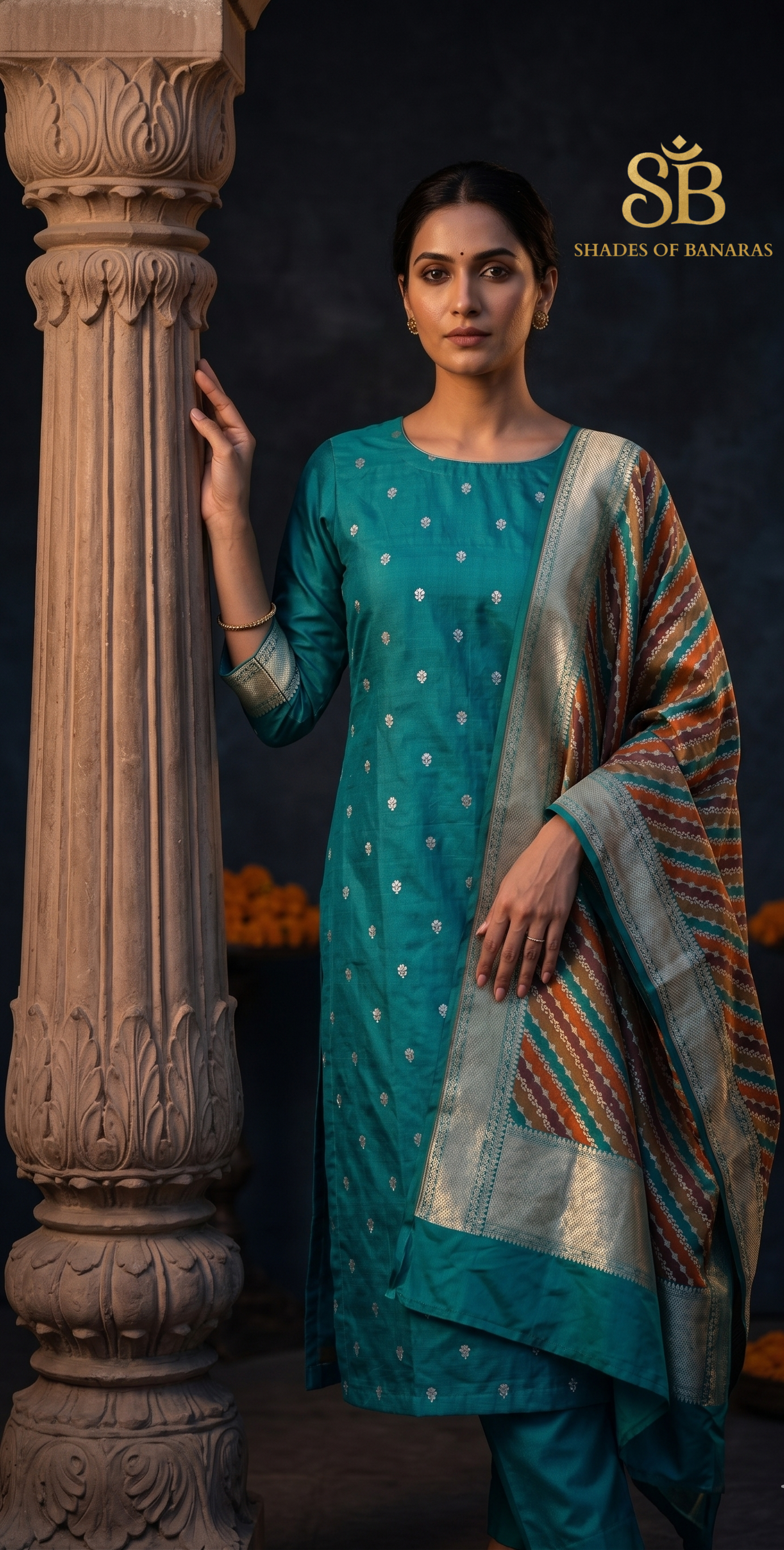 The Oceanic Muse: Luxe Sea Green Pure Banarasi Silk Kadhua Suit with Rangkaat Stripes