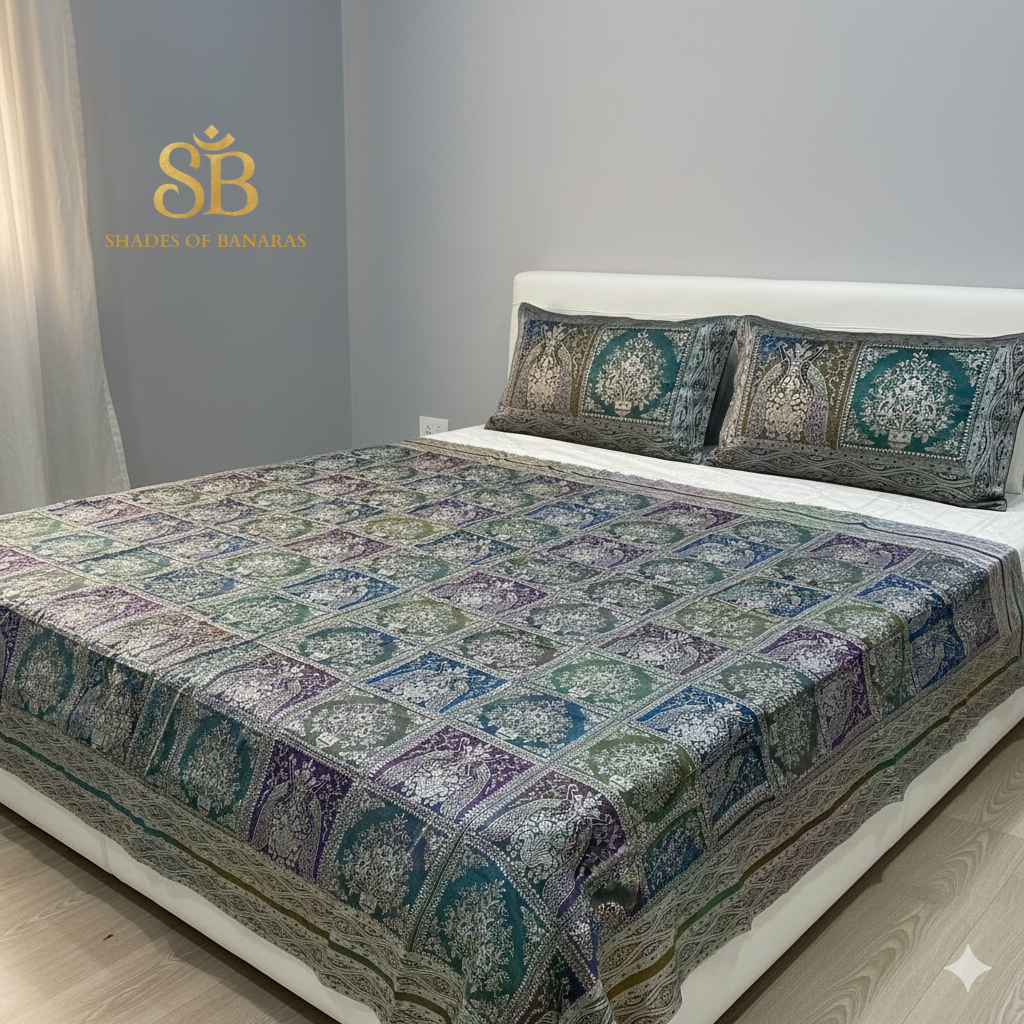 Royal Symphony Multicolour Pure Brocade Banarasi Bedcover Set (Handloom Luxe)