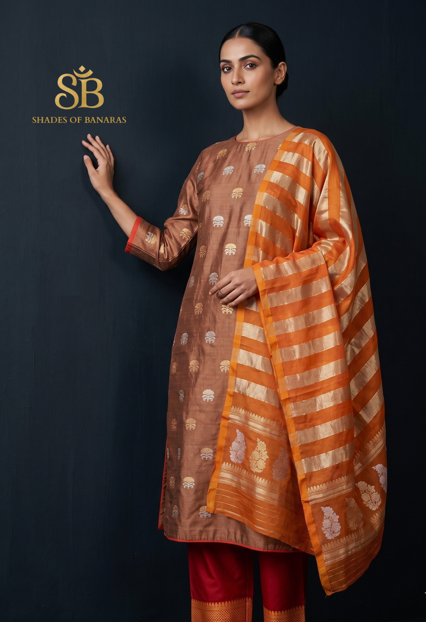 Peach & Orange Kadhua Sona Rupa Banarasi Suit | Luxe Handloom by Shades Of Banaras - banarasi - banarasi saree shop - banarasi saree manufacturers - banarasi saree wholesale - banaraasi sarees - banarasi sari - banarasi saris - silk saree - silk sari - wedding saree - wedding sari - designer sari - wedding collection - gifting