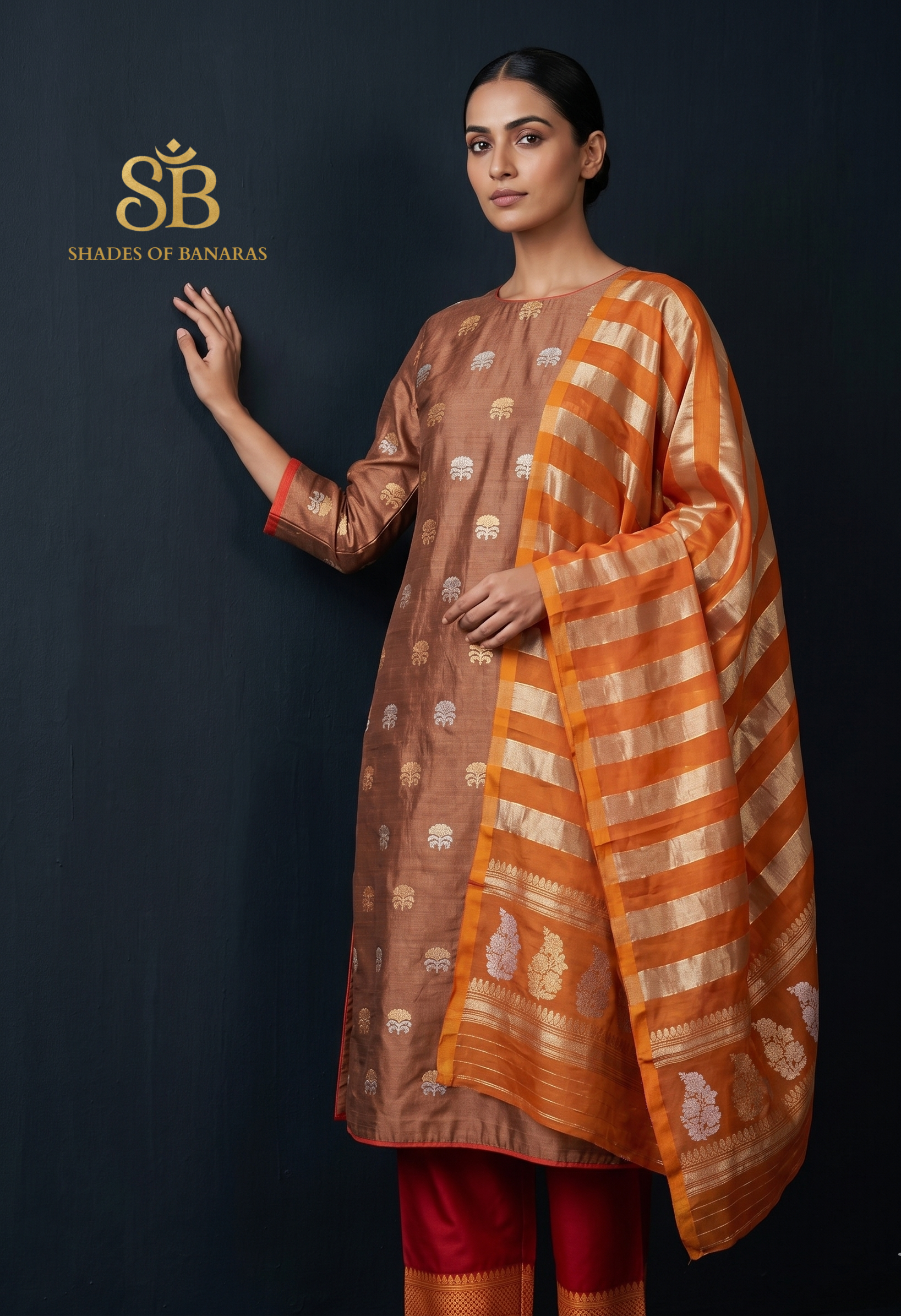 Peach & Orange Kadhua Sona Rupa Banarasi Suit | Luxe Handloom by Shades Of Banaras - banarasi - banarasi saree shop - banarasi saree manufacturers - banarasi saree wholesale - banaraasi sarees - banarasi sari - banarasi saris - silk saree - silk sari - wedding saree - wedding sari - designer sari - wedding collection - gifting