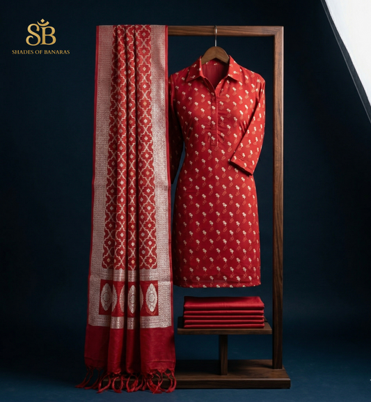 The Crimson Heritage: Pure Banarasi Cotton Handloom Suit by Shades Of Banaras - banarasi - banarasi saree shop - banarasi saree manufacturers - banarasi saree wholesale - banaraasi sarees - banarasi sari - banarasi saris - silk saree - silk sari - wedding saree - wedding sari - designer sari - wedding collection - gifting