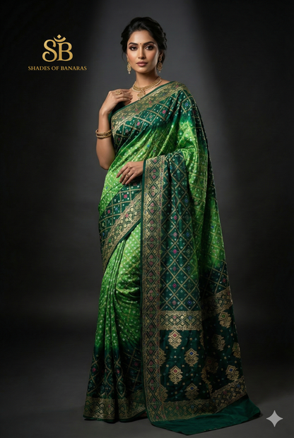 Light & Dark Green Pure Georgette Bandhani Banarasi Saree with Minakari Weaving