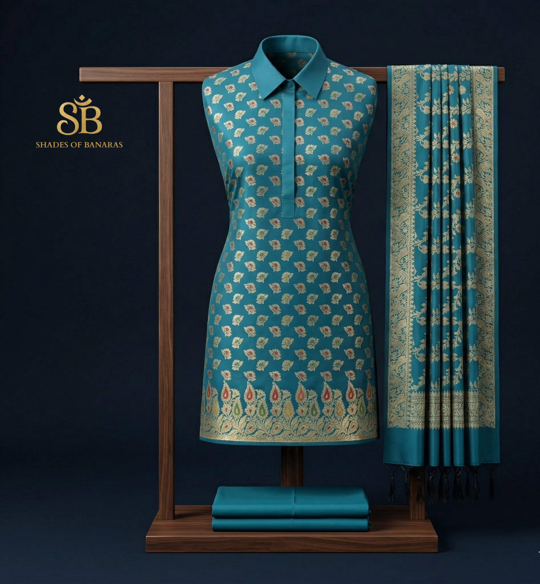 The Celestial Azure: Majestic Blue Banarasi Katan Soft Silk Suit Set by Shades Of Banaras - banarasi - banarasi saree shop - banarasi saree manufacturers - banarasi saree wholesale - banaraasi sarees - banarasi sari - banarasi saris - silk saree - silk sari - wedding saree - wedding sari - designer sari - wedding collection - gifting