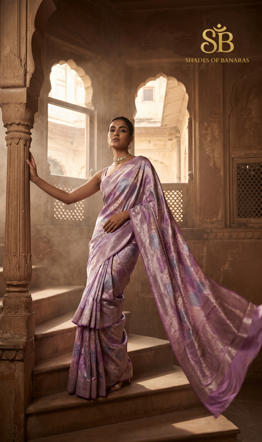 Lavender Luxe Pure Mango Silk Rangkaat Saree with Bandhej