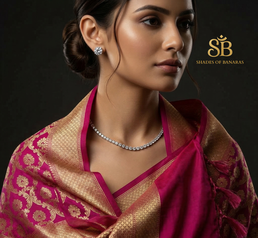 Rani Luxe: Handwoven Rani Pink Soft Katan Silk Banarasi Jaal Dupatta