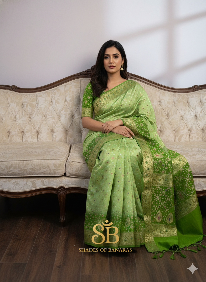 Whispers of Spring – Leaf Green Pure Chiffon Handloom Bandhani Saree by Shades Of Banaras - banarasi - banarasi saree shop - banarasi saree manufacturers - banarasi saree wholesale - banaraasi sarees