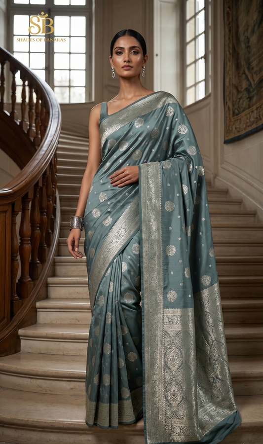 Grey Luxe Silk Banarasi Saree – Heritage Matt Gold Buti Royal Weave