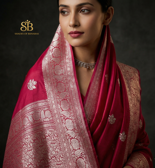 The Rani Pink Luxe Heritage: Pure Silk Kadhua Floral Banarasi Saree by Shades Of Banaras - banarasi - banarasi saree shop - banarasi saree manufacturers - banarasi saree wholesale - banaraasi sarees - banarasi sari - banarasi saris - silk saree - silk sari - wedding saree - wedding sari - designer sari - wedding collection - gifting
