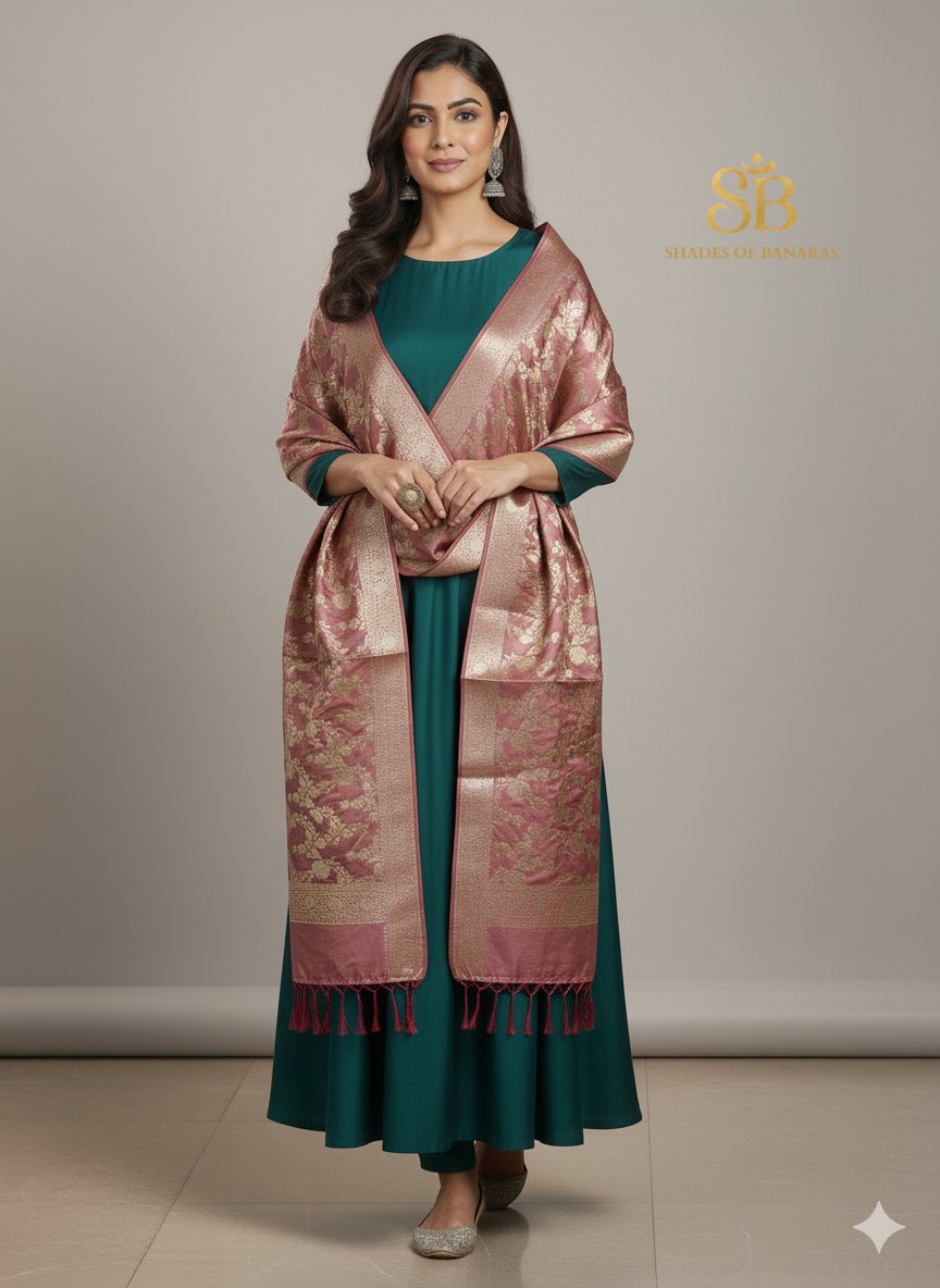 The Peach Bloom: Handwoven Banarasi Cotton Silk Dupatta by Shades Of Banaras - banarasi - banarasi saree shop - banarasi saree manufacturers - banarasi saree wholesale - banaraasi sarees