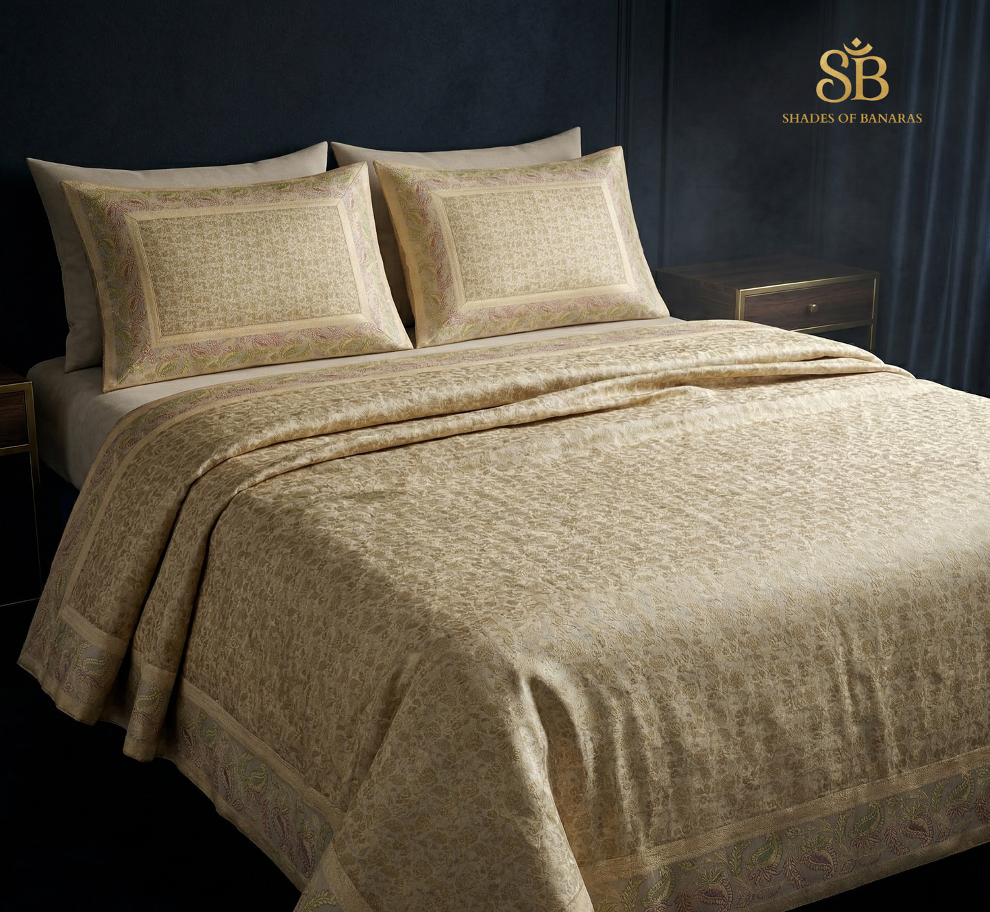 Beige Luxe: Pure Dupion Silk Handloom Banarasi Bedcover Set
