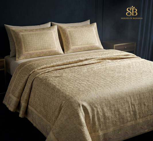 Beige Luxe: Pure Dupion Silk Handloom Banarasi Bedcover Set