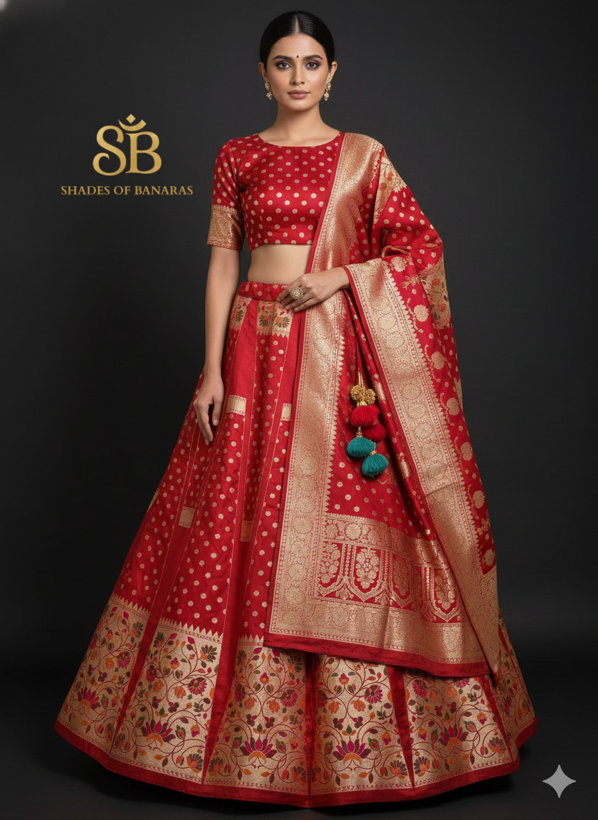 Crimson Minakari Luxe Couture Banarasi Lehenga — Bridal Royal Heirloom by Shades Of Banaras - banarasi - banarasi saree shop - banarasi saree manufacturers - banarasi saree wholesale - banaraasi sarees