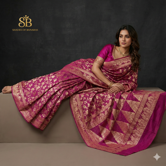 The Empress Pink: Shikargaah Khaddi Georgette Bandhani Saree by Shades Of Banaras - banarasi - banarasi saree shop - banarasi saree manufacturers - banarasi saree wholesale - banaraasi sarees