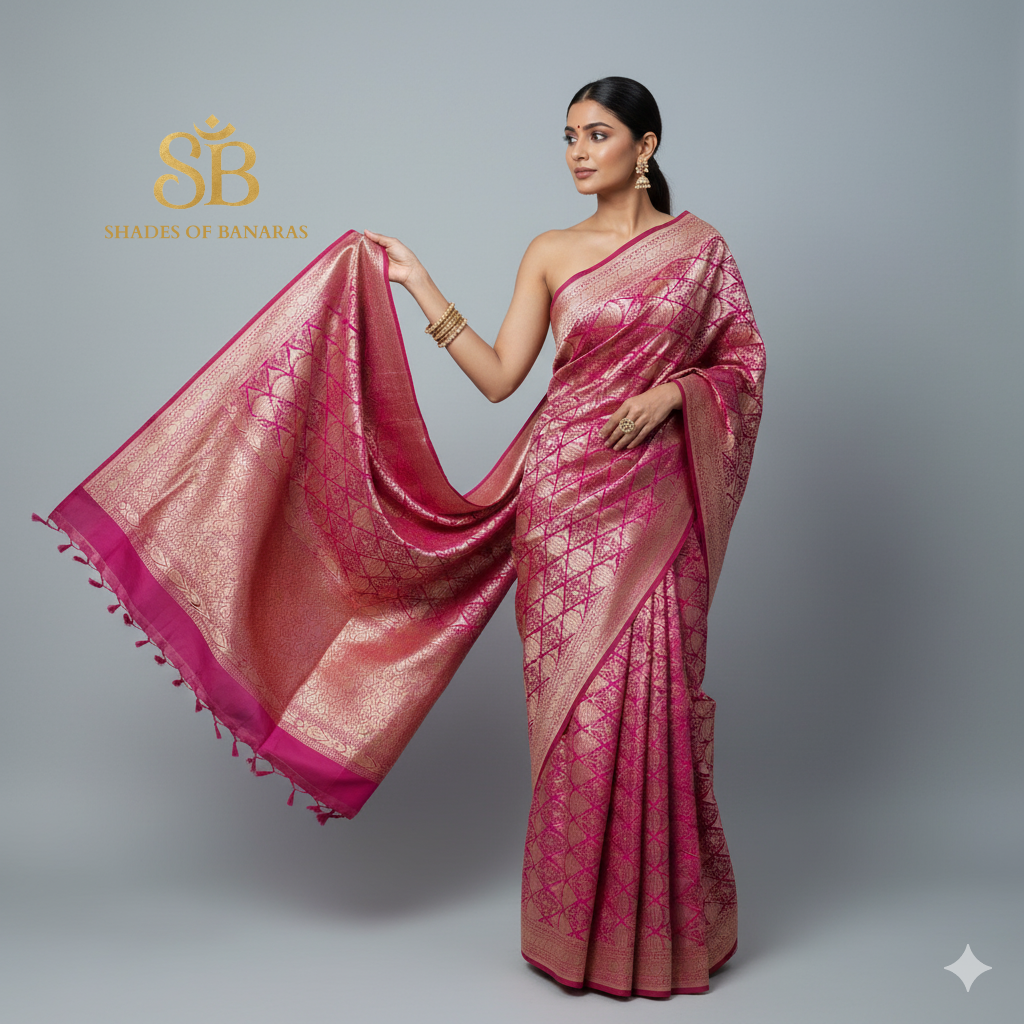 Gulabi Royale — Pink Pure Silk Banarasi Saree with All Over Patola Weave by Shades Of Banaras - banarasi - banarasi saree shop - banarasi saree manufacturers - banarasi saree wholesale - banaraasi sarees