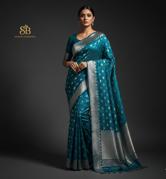 Luxe Teal Blue Pure Silk Handwoven Banarasi Couture Saree