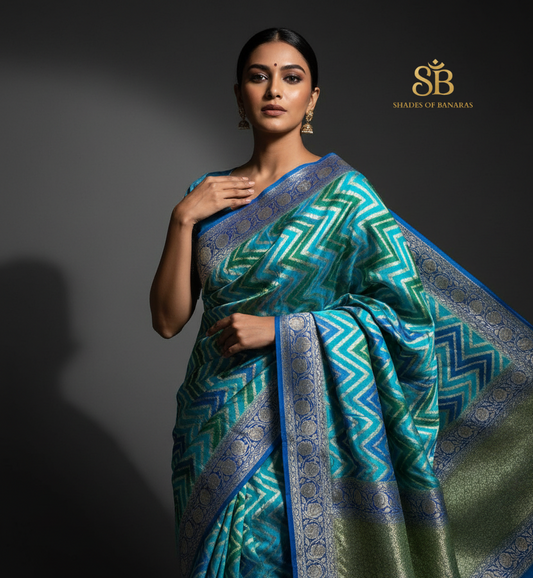 Royal Azure Rangkaat Luxe — Pure Khaddi Georgette Banarasi Saree by Shades Of Banaras - banarasi - banarasi saree shop - banarasi saree manufacturers - banarasi saree wholesale - banaraasi sarees - banarasi sari - banarasi saris