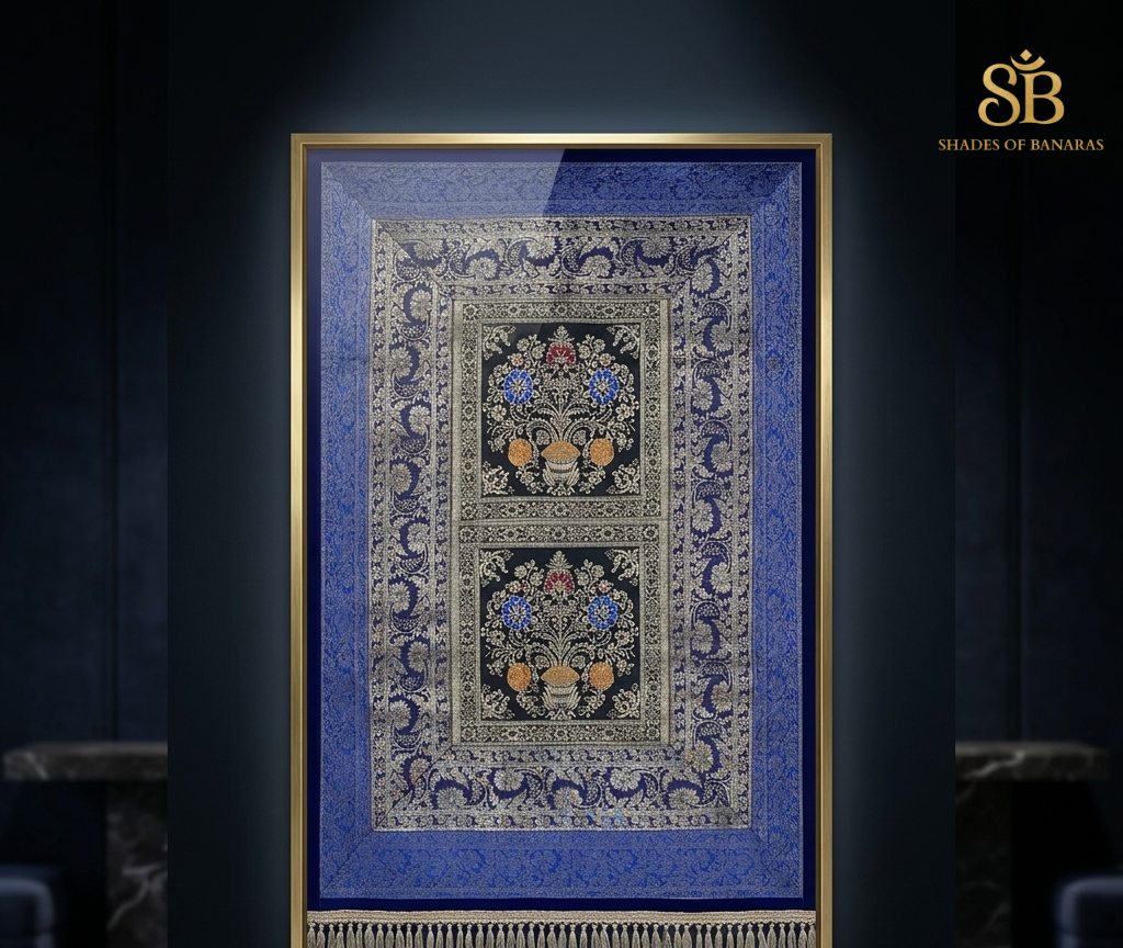 Ethereal Gold: Pure Banarasi Silk Hand-Woven Luxe Wallhanging by Shades Of Banaras - banarasi - banarasi saree shop - banarasi saree manufacturers - banarasi saree wholesale - banaraasi sarees - banarasi sari - banarasi saris - silk saree - silk sari - wedding saree - wedding sari - designer sari - wedding collection - gifting