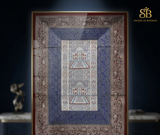 Gilded Heritage: Hand-Woven Pure Silk Luxe Wallhanging by Shades Of Banaras - banarasi - banarasi saree shop - banarasi saree manufacturers - banarasi saree wholesale - banaraasi sarees - banarasi sari - banarasi saris - silk saree - silk sari - wedding saree - wedding sari - designer sari - wedding collection - gifting
