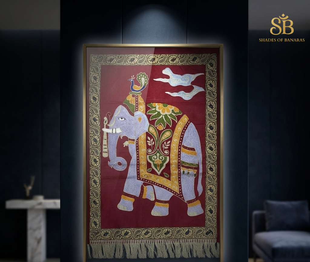 Ethereal Grandeur: All-Over Hand-Embroidered Luxe Wallhanging by Shades Of Banaras - banarasi - banarasi saree shop - banarasi saree manufacturers - banarasi saree wholesale - banaraasi sarees - banarasi sari - banarasi saris - silk saree - silk sari - wedding saree - wedding sari - designer sari - wedding collection - gifting