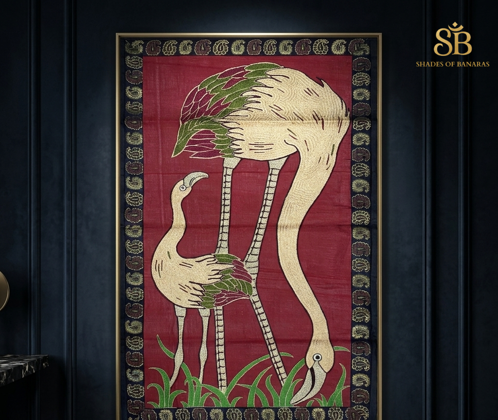 Opulent Ancestry: A Hand-Embroidered Pure Banarasi Silk Luxe Wallhanging by Shades Of Banaras - banarasi - banarasi saree shop - banarasi saree manufacturers - banarasi saree wholesale - banaraasi sarees - banarasi sari - banarasi saris - silk saree - silk sari - wedding saree - wedding sari - designer sari - wedding collection - gifting