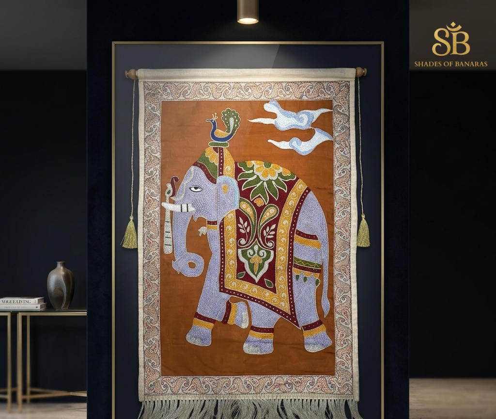 The Imperial Gilded Silk: A Hand-Embroidered Couture Masterpiece Tapestry by Shades Of Banaras - banarasi - banarasi saree shop - banarasi saree manufacturers - banarasi saree wholesale - banaraasi sarees - banarasi sari - banarasi saris - silk saree - silk sari - wedding saree - wedding sari - designer sari - wedding collection - gifting