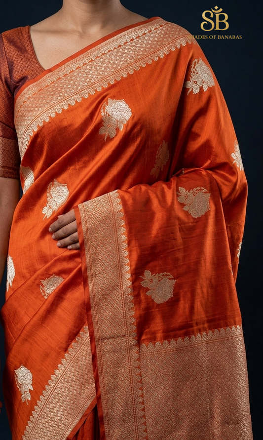 The Tangerine Luxe Couture: Pure Mashru Silk Banarasi Saree with Hand-Woven Kadhua Butis by Shades Of Banaras - banarasi - banarasi saree shop - banarasi saree manufacturers - banarasi saree wholesale - banaraasi sarees - banarasi sari - banarasi saris - silk saree - silk sari - wedding saree - wedding sari - designer sari - wedding collection - gifting