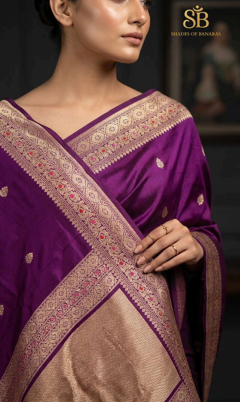 The Imperial Violet Couture: Pure Mashru Silk Banarasi Saree with Hand-Woven Kadhua Butis by Shades Of Banaras - banarasi - banarasi saree shop - banarasi saree manufacturers - banarasi saree wholesale - banaraasi sarees - banarasi sari - banarasi saris - silk saree - silk sari - wedding saree - wedding sari - designer sari - wedding collection - gifting